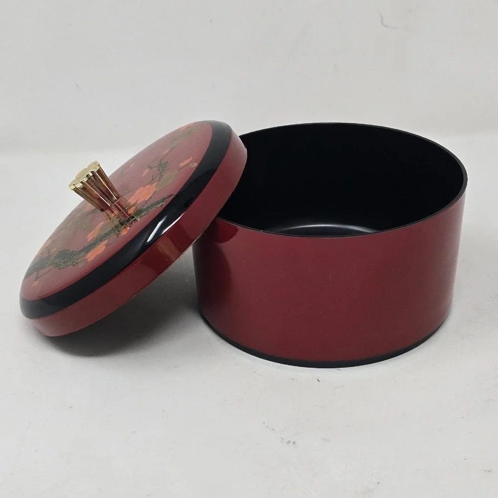 Vtg Japanese Maki-e Lacquer trinket box red round lidded cherry blossom